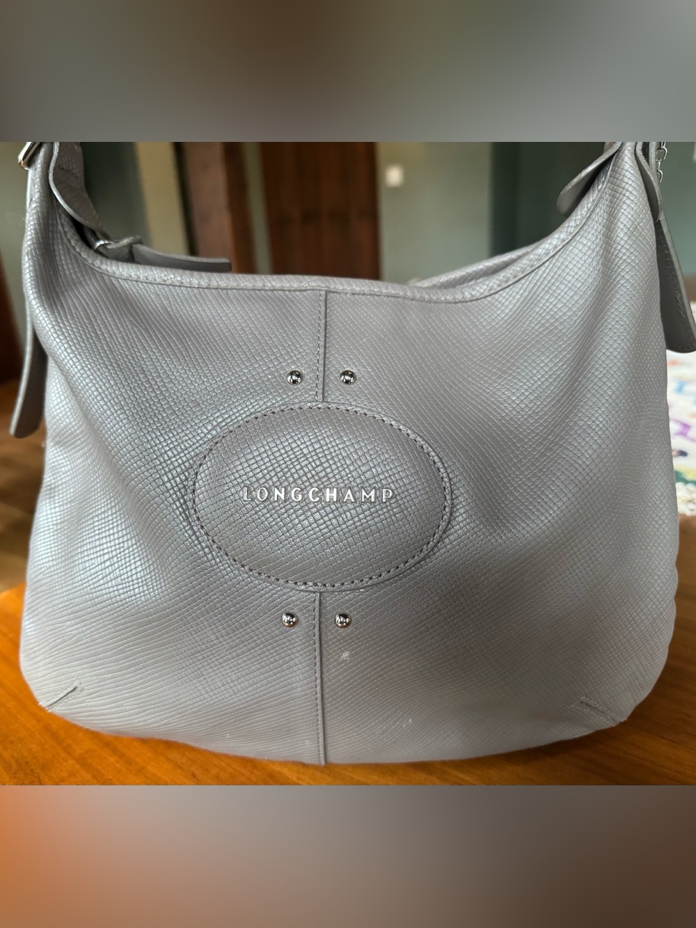 Longchamp Light Taupe Textured Leather Cross Body Bag